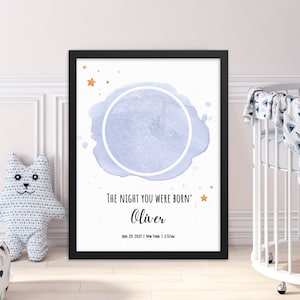 La notte in cui sei nato, Mappa stellare personalizzata per data, Tema natale, Regalo per neogenitori, Decorazioni murali per la cameretta del bambino, Stampa acquerello per la cameretta del bambino, Statistiche di nascita