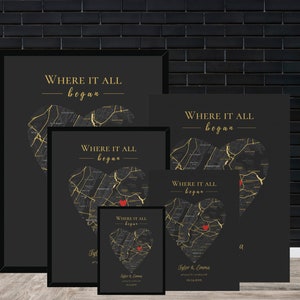 May include: Four black framed prints with gold and red accents. Each print features a heart-shaped map with the text "Where it all began" and a couple's names. The prints are arranged in a size progression, with the largest print at the top and the smallest print at the bottom.