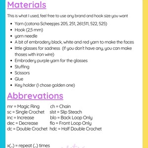 May include: A list of materials and abbreviations for crocheting a project. The list includes yarn, hook size, embroidery yarn, stuffing, scissors, glue, and a key holder. The abbreviations include mr for magic ring, sc for single crochet, inc for increase, dec for decrease, dc for double crochet, ch for chain, slst for slip stitch, blo for back loop only, flo for front loop only, and hdc for half double crochet.