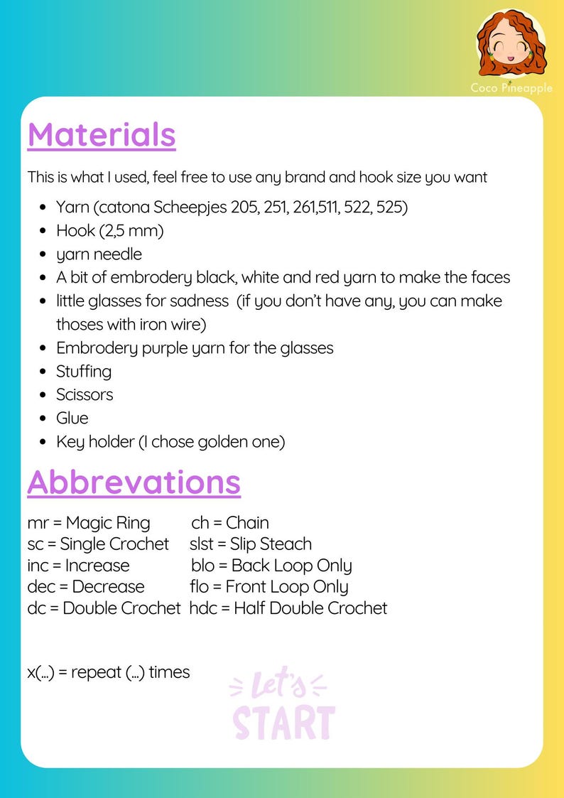 May include: A list of materials and abbreviations for crocheting a project. The list includes yarn, hook size, embroidery yarn, stuffing, scissors, glue, and a key holder. The abbreviations include mr for magic ring, sc for single crochet, inc for increase, dec for decrease, dc for double crochet, ch for chain, slst for slip stitch, blo for back loop only, flo for front loop only, and hdc for half double crochet.