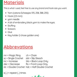 May include: A list of materials and abbreviations for crocheting. The list includes yarn, hook size, stuffing, scissors, glue, and a key holder. The abbreviations include mr, sc, inc, dec, dc, ch, slst, blo, flo, and hdc. The text "Let's Start" is at the bottom of the page.