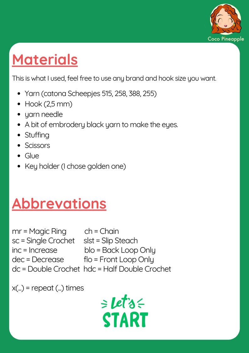 May include: A list of materials and abbreviations for crocheting. The list includes yarn, hook size, stuffing, scissors, glue, and a key holder. The abbreviations include mr, sc, inc, dec, dc, ch, slst, blo, flo, and hdc. The text "Let's Start" is at the bottom of the page.