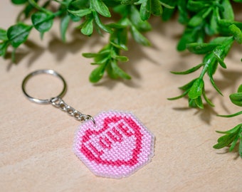 Love heart cross stitch keyring, Valentine's Day gift