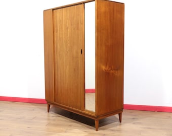 Vintage Teak Triple Armoire, Mid Century Danish Style Tambour Door Wardrobe