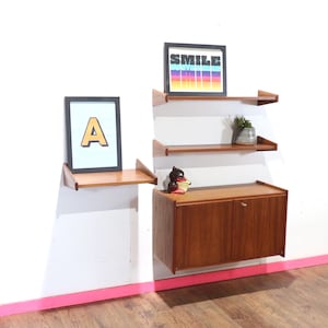 Mid Century Modern Teak Vintage Danish Style Hanging Wall System Bookcase Shelf Unit