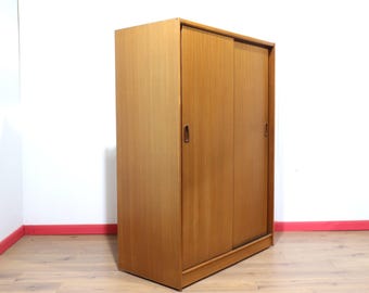 Vintage Teak Sliding Door Armoire by Austinsuite, Mid Century Modern Danish Style Wardrobe, 1960s