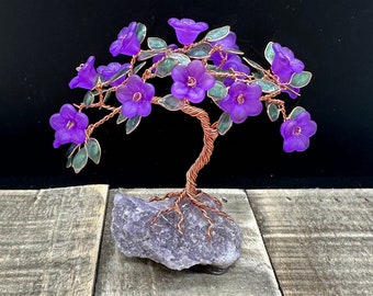 Purple Blossom Copper Wire Tree Sculpture on Rough Lepidolite Crystal Base, Hand Painted Flowering Bonsai, Birthday Mother's Day Spring Gift