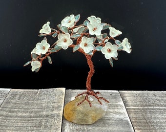 Yellow Blossom Copper Wire Tree Sculpture on Rough Citrine Crystal Base, Hand Painted Flowering Bonsai, Birthday Mother's Day Spring Gift