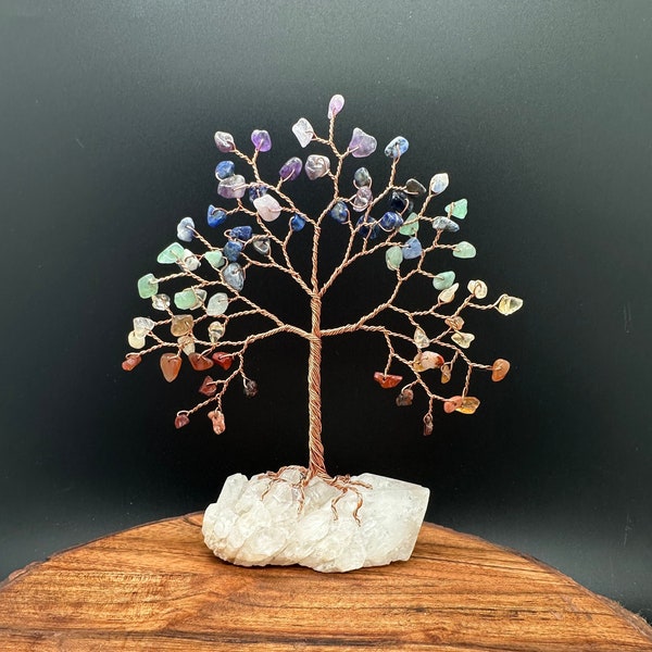 Chakra Rainbow Tree of Life Sculpture, Quartz Crystal Base, Birthday Anniversary Hostess Gift, Healing Gemstone Gem Tree, Gift for Him Her