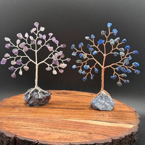 May include: Two wire-wrapped crystal trees, one with amethyst crystals and the other with lapis lazuli crystals, on a wooden base.