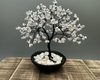 White Cherry Blossom Tree, Black Wire Flowering Dogwood Bonsai Sculpture, Anniversary Birthday Mother's Day Spring Gift, Home Office Decor