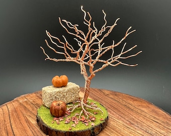 Copper Wire Autumn Fall Tree Sculpture with Hay Bale, Pumpkin, Fall Foliage; Halloween Seasonal Table Shelf Decoration