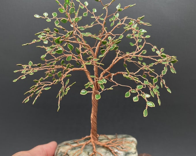 Copper and Green Wire Tree of Life Sculpture, Handmade Miniature Bonsai