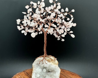 Rose Quartz Copper Wire Tree of Life Sculpture, Druzy Quartz  Geode Base, Mini Gemstone Nature Art, Birthday Anniversary Housewarming Gift