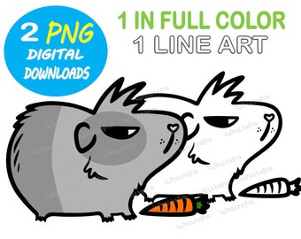 2 süße Meerschweinchen PNG digitale Downloads Meerschweinchen mit Karotten digitale Kunst Geschenke Färbung Seite
