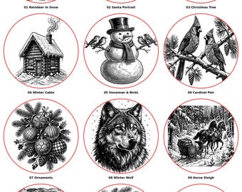 Weihnachtliches Lasergravur-SVG-Bundle, 12 Vintage-Wintermotive aus Holzschnitten, Weihnachtsmann, Rentier, Kardinal, weihnachtliche Laserdateien (PNG)
