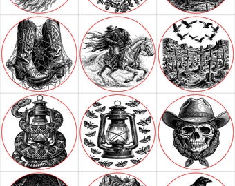 Western-Gothic-Halloween-SVG-Bundle, 12 Lasergravurdateien mit Cowboy-Geistern, Longhorn-Schädel-Saloon, Holzschnittmotive (PNG)