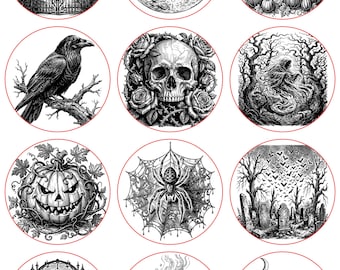 Halloween-Lasergravur-SVG-Bundle, 12 gotische Holzschnittmotive, Hexenschädel, Rabe, Spukhaus, gruselige Laserdateien (PNG)
