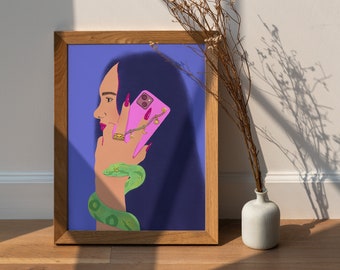 Woman with Snake Art Print | A4 Mexican Illustration