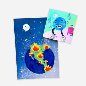Happy & Sad Earth Postkarten und Aufkleber Set, Planet Emotionen Briefpapier, Erde Geschenk, Kawaii Globe Illustration, Klimabewusstsein