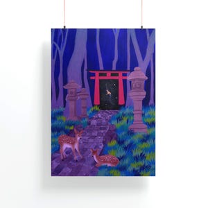 Ilustración mística de ciervos en bosque japonés – ポスター鳥居ポータル、素晴らしい、精神的な芸術、印刷デジタル魔術