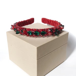 Handmade Red Velvet Christmas Headband: Jeweled Crystal Headpiece