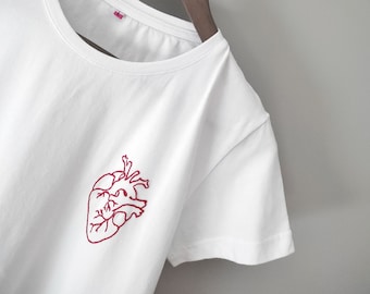 Hand Embroidered Anatomical Heart T-shirt: Organic Cotton Unisex Tee