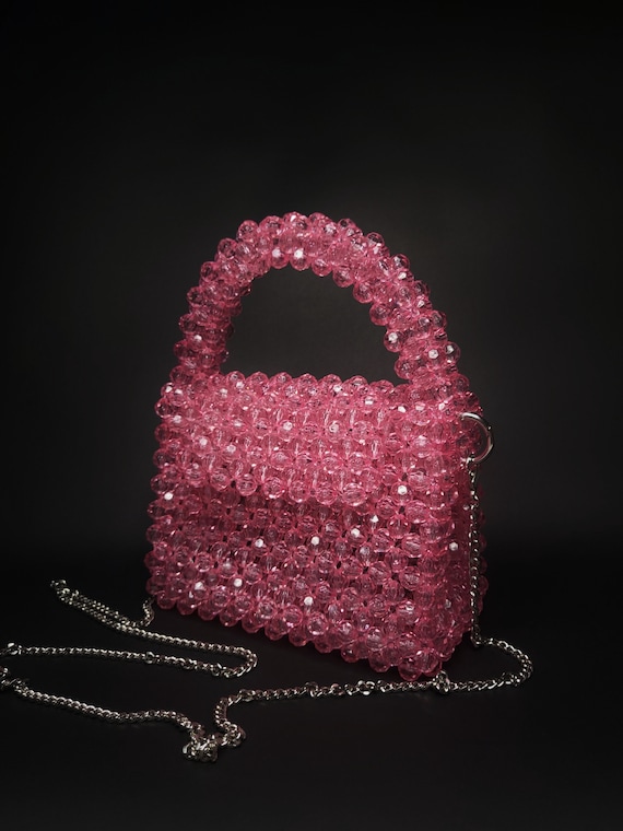 Pink Beaded Bag, Crystal Bead Bag, Crossbody Bag, Women Bead