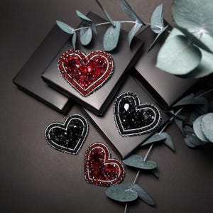 Red Heart Brooch, Black Heart Brooch, Red Heart Beaded Brooch, Valentines Day Gift, Heart Jewelry, Unique Gift, Valentine Brooch, Red Heart