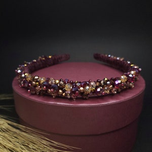 Autumn Beaded Velvet Headband: Red Burgundy Bridal Tiara