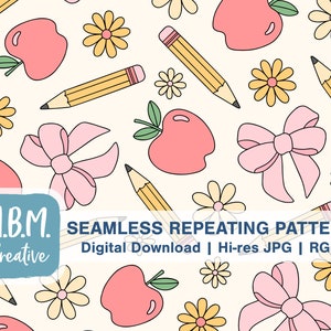 Cute Pencils, Apples, and Bows on Beige Seamless Repeat Pattern Commercial Use, Back to School, Teacher Seamless, Girly Kids School Download