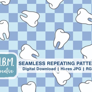 Teeth on Blue Checkerboard Seamless Repeat Pattern for Commercial Use, Dental Hygienist Dentist Digital Download