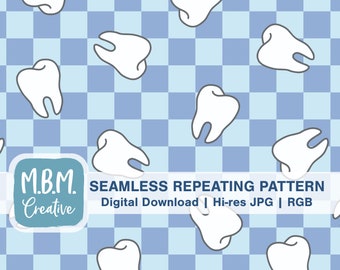 May include: A seamless repeating pattern featuring white teeth on a blue and white checkered background. The pattern is perfect for creating digital or printed designs for dental offices, children's products, or any project that needs a fun and playful touch.