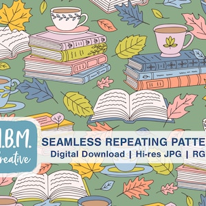Autumn Reading on Green Seamless Repeat Pattern Commercial Use, Fall Coffee Books Leaves Seamless File, Cute Bibliophile Digital Download