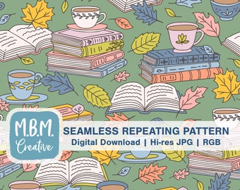Herbst-Lesung auf grüner nahtloser Wiederholungsmuster kommerzielle Nutzung, Herbst-Kaffee-Bücher-Blätter-nahtlose Datei, niedlicher Bibliophiler digitaler Download