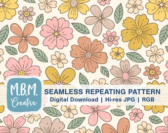 Nostalgic Blossoms on Pale Beige Seamless Repeat Pattern Commercial Use, Pretty Retro Flowers Seamless File, Vintage Spring Floral Pattern