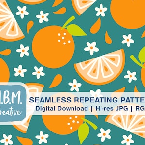 Juicy Oranges with Flowers on Teal Seamless Repeat Pattern for Commercial Use, Orange Citrus Fruit Digital Download, Summer Seamless file