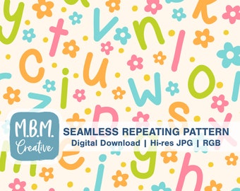 Alphabet and Flowers Bright Seamless Repeat Pattern for Commercial Use, Back to School Seamless File, ABCs Letters Digital Download