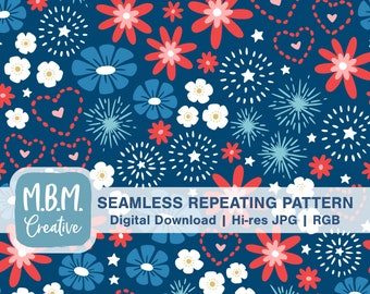 Fireworks & Flowers in Bright Colors Seamless Repeat Pattern for Commercial Use, 4th of July Digital Download, Patriotic Seamless File