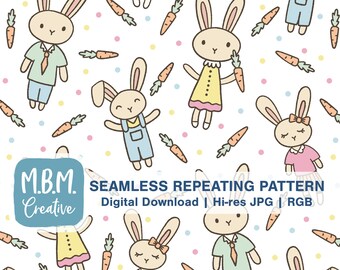 Cream Bunny Family Seamless Repeat Pattern for Commercial Use, Cute Spring Bunnies in Clothes Seamless File, Easter Animals Digital Download
