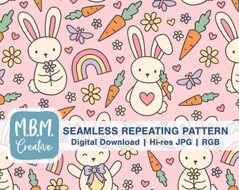 Cute Bunnies on Pink Seamless Repeat Pattern for Commercial Use, Bunny Carrot Flower Seamless File, Spring Digital Download