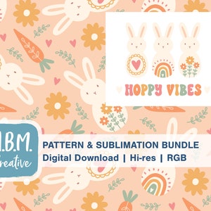 Boho Bunnies auf Peach Seamless Repeat Pattern & Hoppy Vibes Sublimation Design Bundle für kommerzielle Nutzung, Ostern Frühling Digitale Kunst Set
