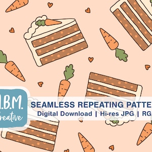 Op de afbeelding: Een naadloos herhalend patroon met een lichtoranje achtergrond met een patroon van worteltartpunten en wortels. De taartpunten zijn bruin met oranje glazuur en een groene wortel bovenop. De wortels zijn oranje met groene bladeren. Er zijn ook kleine roze hartjes verspreid over het hele patroon. De tekst "M.B.M. Creative" en "SEAMLESS REPEATING PATTERN Digital Download | Hi-res JPG | RGB" staat onderaan het patroon.