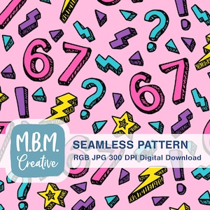 Pode incluir: Padrão sem costura com fundo rosa apresentando números desenhados à mão, pontos de interrogação, raios, estrelas e formas geométricas em cores vibrantes. O design inclui o texto "M.B.M. Creative" e "SEAMLESS PATTERN".