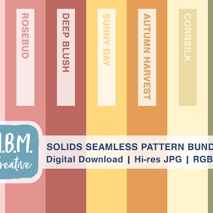 May include: A digital download of 10 solid color seamless patterns in a variety of colors, including petal pink, rosebud, deep blush, sunny day, autumn harvest, cornsilk, and forest fern. The patterns are perfect for creating backgrounds, patterns, and designs for digital and print projects.  M.B.M. Creative SOLIDS SEAMLESS PATTERN BUNDLE Digital Download | Hi-res JPG | RGB