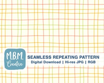 Könnte beinhalten: Ein nahtloses, sich wiederholendes Muster als digitaler Download mit einem Raster aus gelben, grünen und rosa Linien auf cremefarbenem Hintergrund. Der Text "M.B.M. Creative" befindet sich in einem blauen Kreis unten links im Bild. Der Text "SEAMLESS REPEATING PATTERN Digital Download | Hi-res JPG | RGB" befindet sich in schwarzer Schrift unten im Bild.