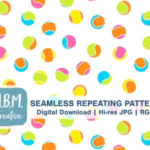 May include: A seamless repeating pattern featuring colorful tennis balls in various shades of yellow, green, blue, pink, and orange. The pattern is set against a white background. The text "M.B.M. Creative" is displayed in a blue box at the bottom of the image. The text "SEAMLESS REPEATING PATTERN Digital Download | Hi-res JPG | RGB" is displayed below the blue box.