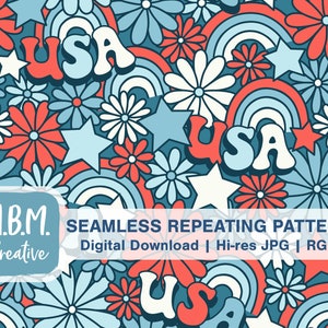 USA, Daisies, and Stars on Teal Blue Seamless Repeat Pattern Commercial Use, Patriotic Retro Floral, Red White and Blue, July 4th Seamless