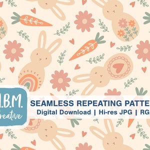 Boho Bunnies auf Creme Seamless Repeat Muster für kommerzielle Nutzung, Ostern Karotte Blume Nahtlose Datei, Frühling Digitaler Download