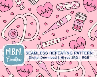 Nurse Love in Shades of Pink Seamless Pattern Commercial Use, Cute Nurse Seamless Repeat Pattern, Valentine&#39;s Day Medical Occupation Pattern